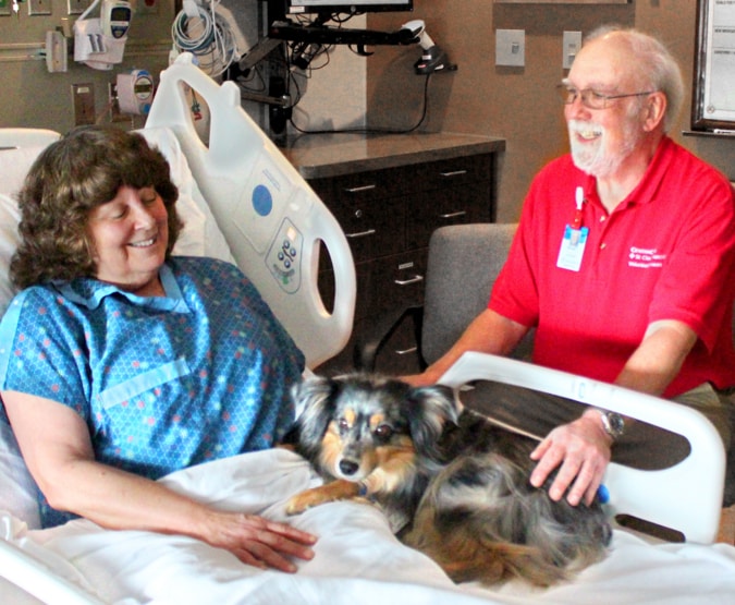 Therapy dog visiting female hospital patient