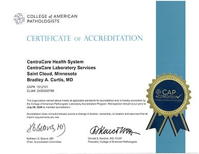 College of American Pathologists Certificate of Accreditation - CentraCare Hospital