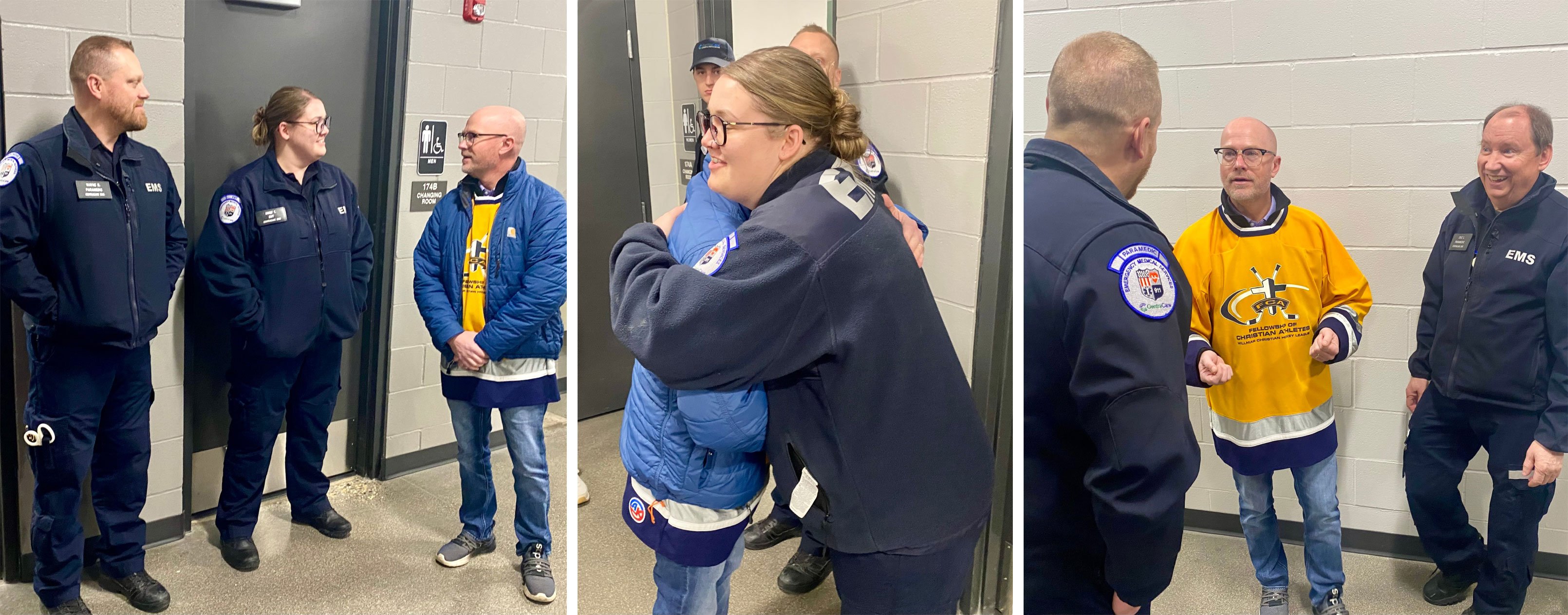 collage photos of Tim Rehn meets and thanks EMS team members Wayne Rudningen, Emily Thompson, and Lyle Loge