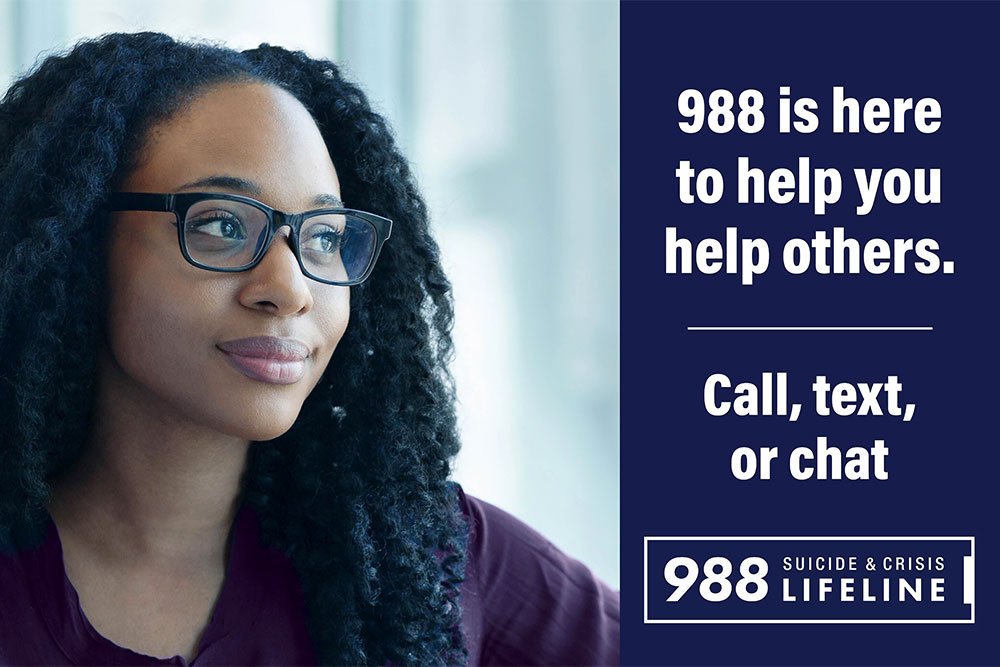 photo of a young lady with glasses on and graphic of 988 suicide & crisis lifeline