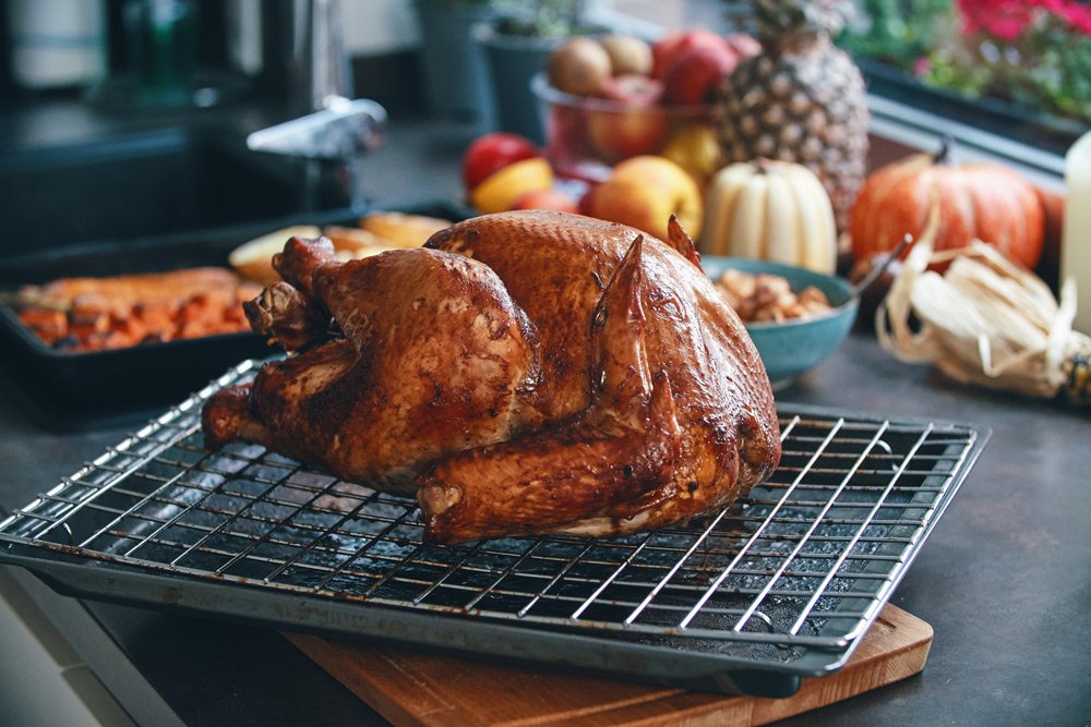 stock photo of a cooked whole turkey on a cooling rack