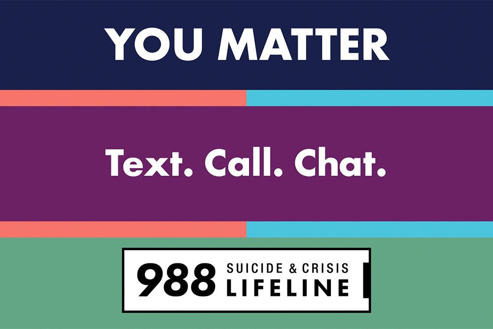 graphic of text that says You matter. Text, Call, Chat, 988 Suicide & Crisis Lifeline