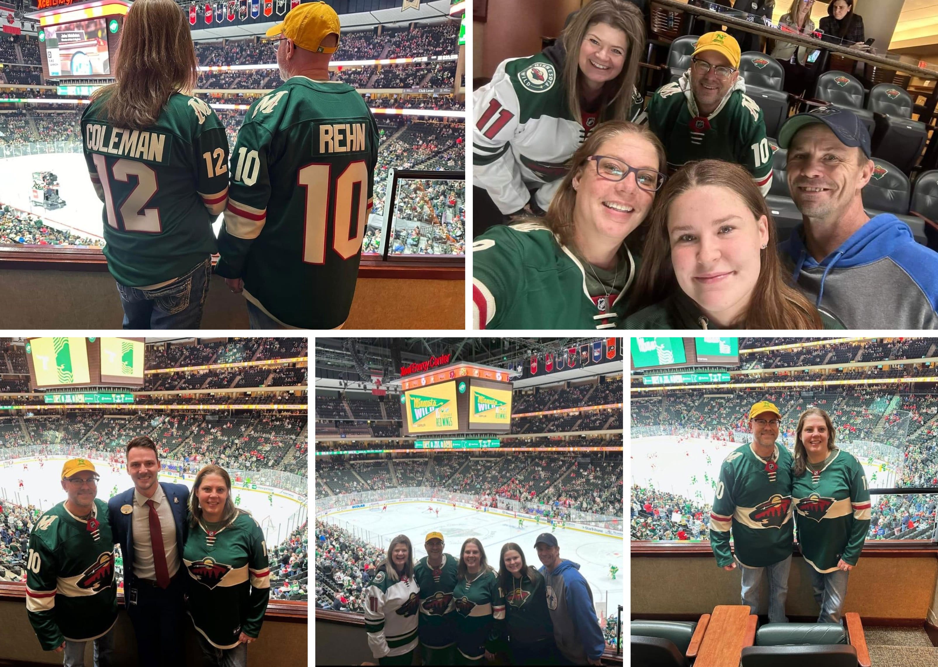 collage photos of Heather Hubel-Coleman with husband, daugther, and Tim Rehn at the Minnesota Wild Hockey Game