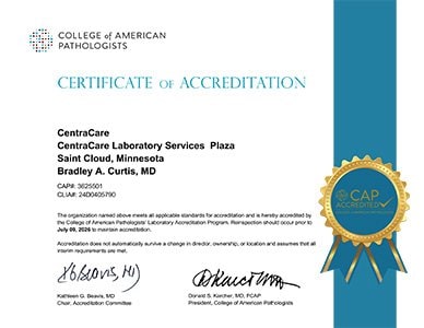 College of American Pathologists Certificate of Accreditation - CentraCare Plaza