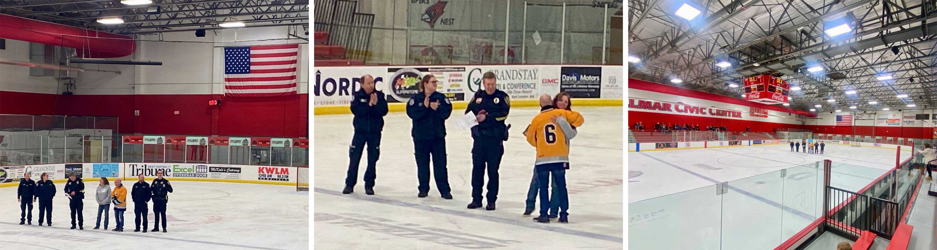 collage photos of Tim Rehn with Heather Hubel-Coleman and the EMS crew at the rink